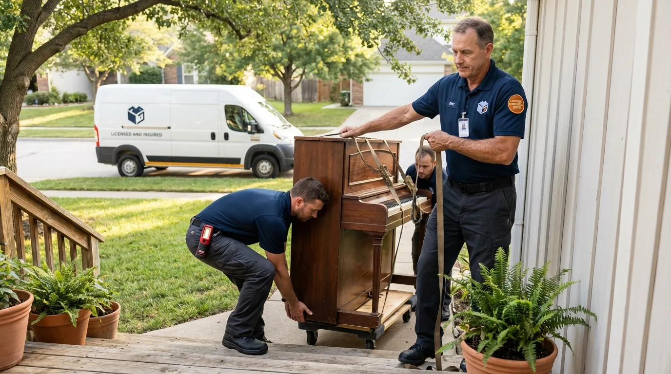 Licensed piano movers securing grand piano in Capac, MI