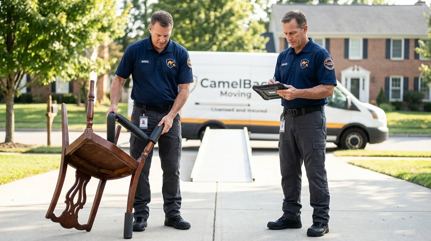 Movers inspecting furniture for damage prevention before loading in Capac, MI